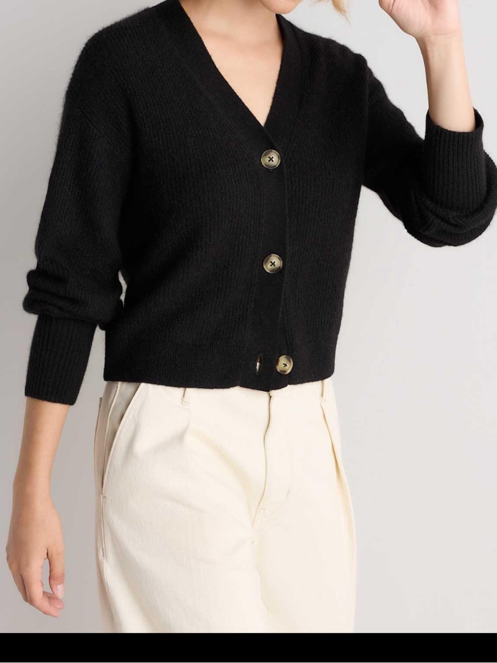 Quince Women Baby Alpaca Wool Ribbed Cropped Cardigan Black L Capsule Minimalist